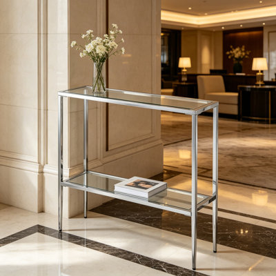 Table d'entrée chromée 31,5 po - Console moderne avec tablette de rangement, table de couloir minimaliste étroite pour le salon, la chambre à coucher, la salle de bain, le verre et le chrome