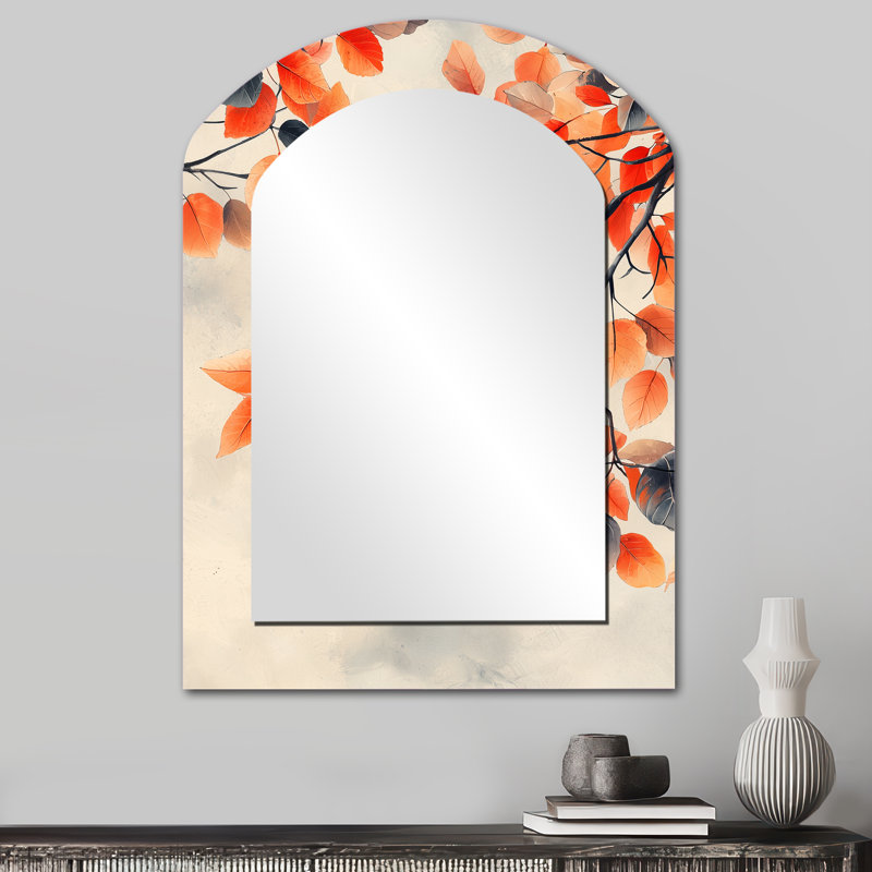 Orange Autumn Leaves II - miroir asymétrique à feuilles, miroir mural décoratif orange, impression sur métal, 34 po x 25 po