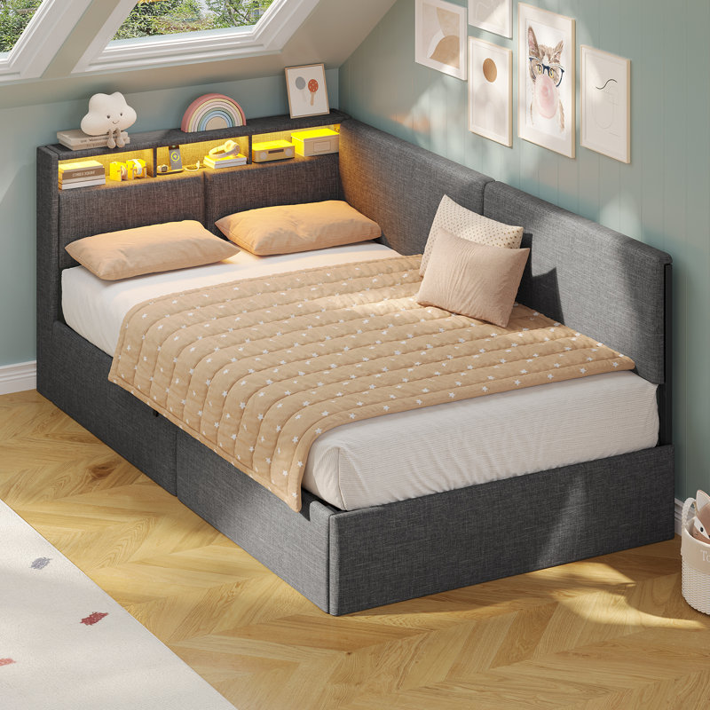 Upholstered Daybed with Charging Station & Hydraulic Storage, Corner Bed with LED Headboard, Single (3'), Dark Gray