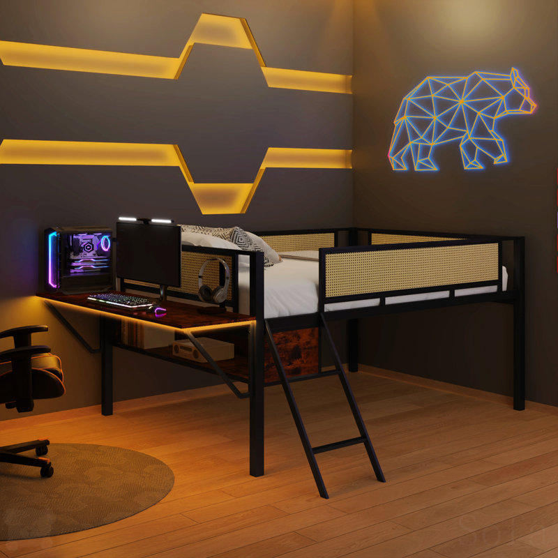 Metal Loft Bed With Rectangular Desk, Led Loft Bed Frame Double Bed With Storage Shelves, Safety Guard And Ladder, Full