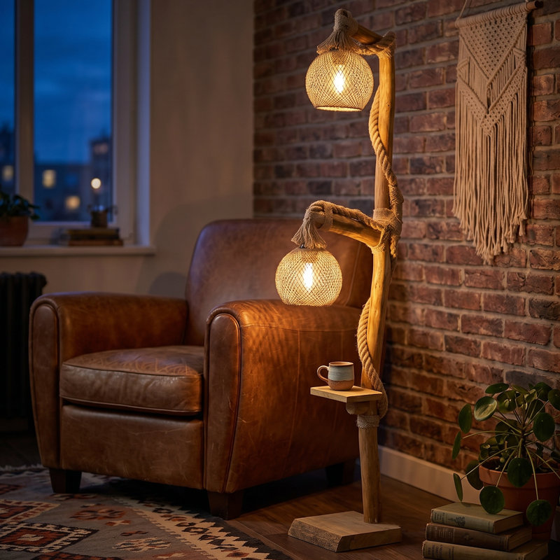 Rustic Retreat Solid Wood Floor Lamp with Integrated Display Shelf