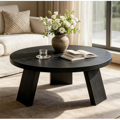 Table basse 33,5 pouces, table d'appoint ronde contemporaine avec repose-pieds inclinés, facile à assembler pour les chambres et les espaces de vie, noir