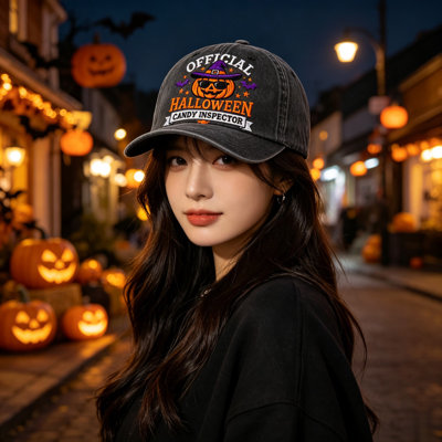 Décoration d'Halloween, casquette de baseball en coton lavé imprimée « Inspecteur des bonbons d'Halloween », motif citrouille et sorcière amusant, accessoire pour adulte.
