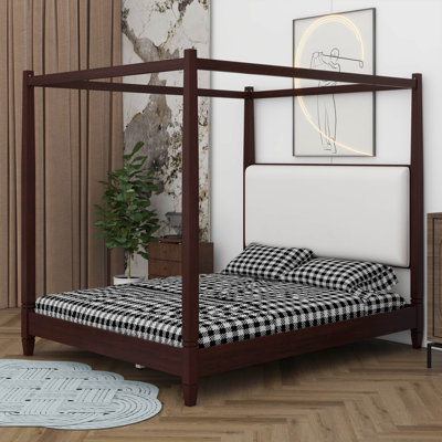 Wood Canopy Bed With Thick Upholstered Headboard,Wooden Four Posters Platform Bed Frame