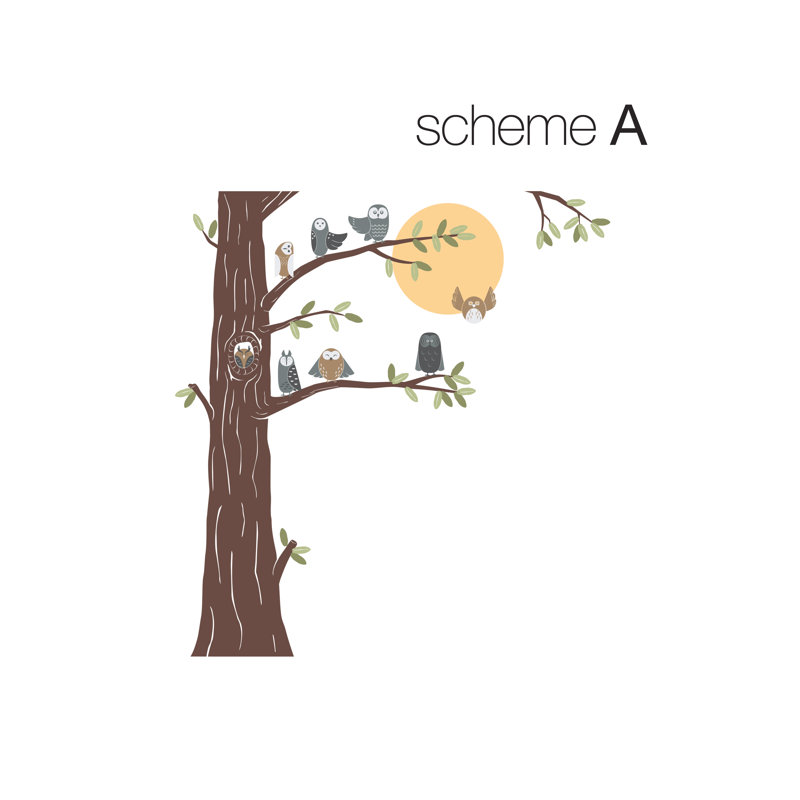 Adhésif décoratif arbre amical avec hiboux, Gris foncé / brun / gris clair