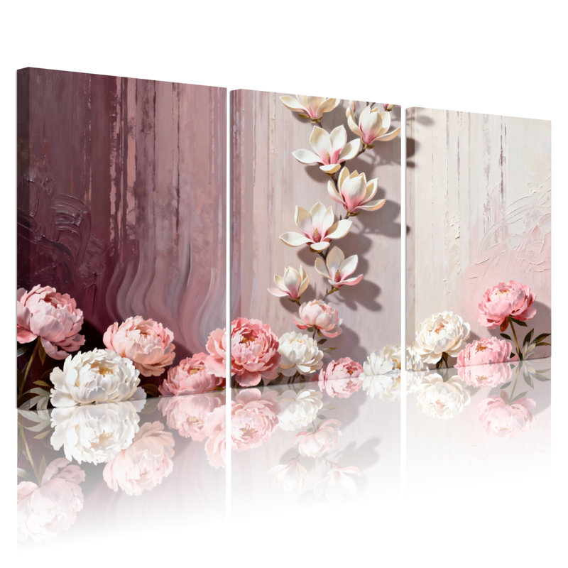 Plantes et fleurs, fleurs roses et blanches sur fond en bois, ensemble de 3 impressions sur toile, H 30 po x l 60 po