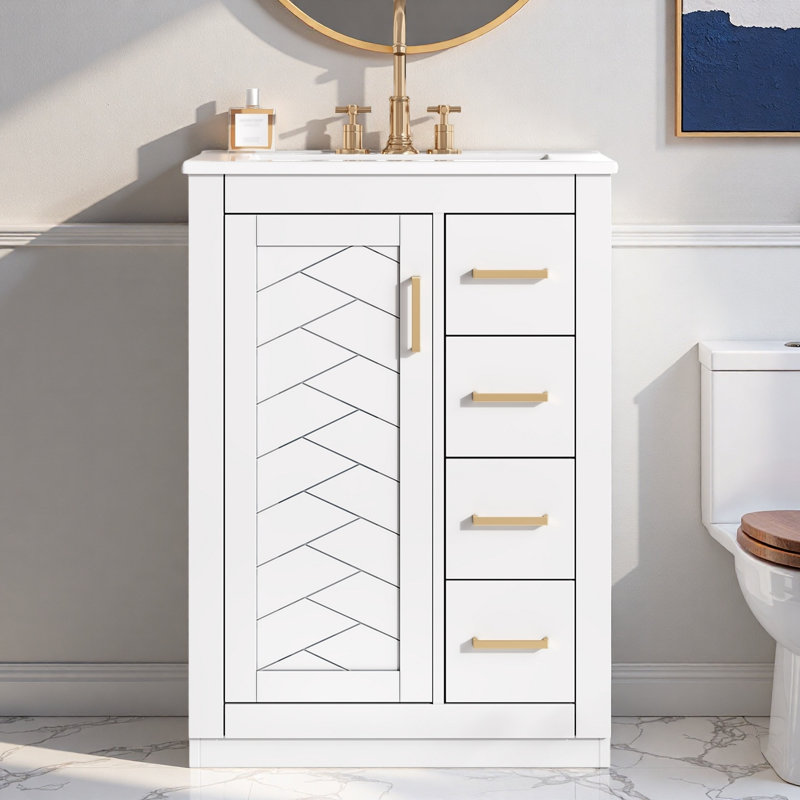 Meuble-lavabo avec lavabo en céramique, 1 armoire et 3 tiroirs, Blanc