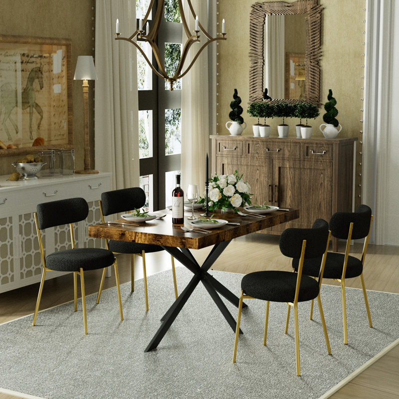 Table de salle à manger rectangulaire extensible de 55,11 po à 70,86 po avec chaises en bois, 5, Noir et or
