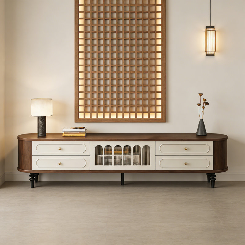 Meuble télé vintage américain haut de gamme, H 20,86 po x L 94,48 po x l 15,74 po, Blanc / noir / brun noisette