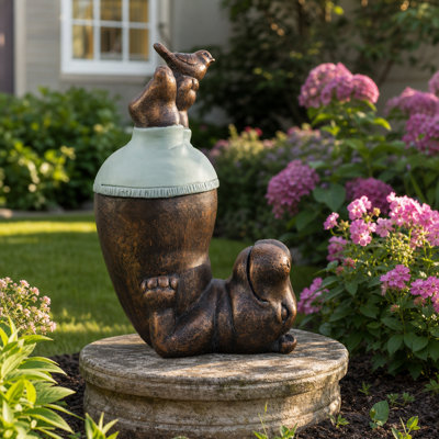 Afsheen Garden Statuary Polyresin Whimsical Hippo Headstand With Bird Accent Indoor/Outdoor Decor For Lawn Patio Porch Or Entryway - 17" Bronze & Green