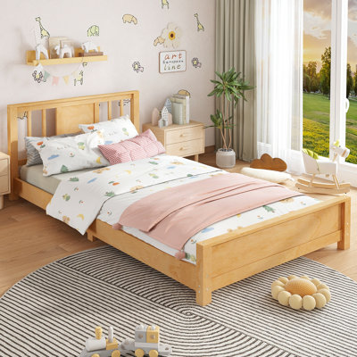 Twin Solid Wood Platform Bed Frame with Headboard – Low Profile Floor Bed with Support Slats, Natural