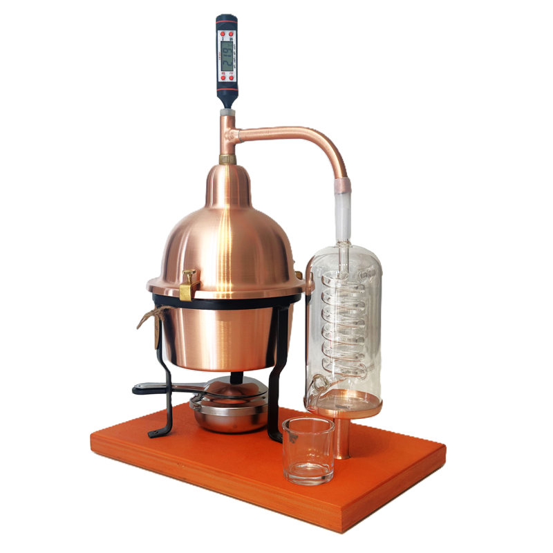 Alembic Distiller For Essential Oils In Copper With Blown Glass Condensation Coil. 1 Liter