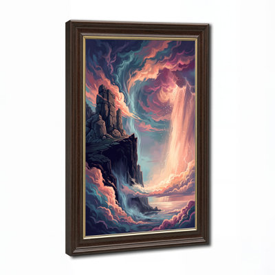 «Dramatic Rocky Cliff and Waterfall in Pink and Teal Sky», art mural
