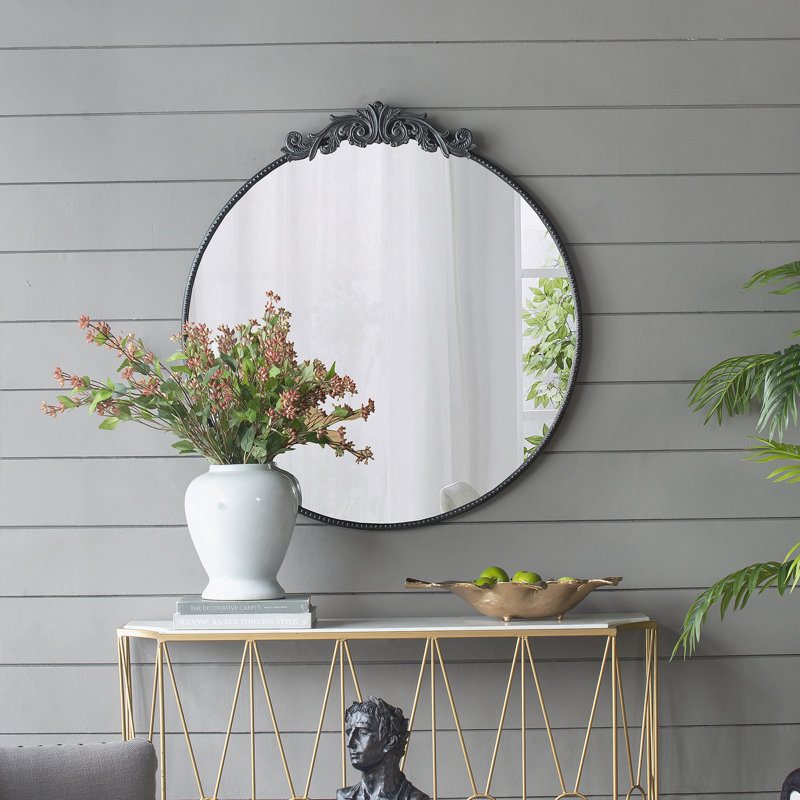 Miroir de style classique avec cadre d'inspiration baroque pour salle de bain, Noir, 38,5 po x 36 po, Ovale
