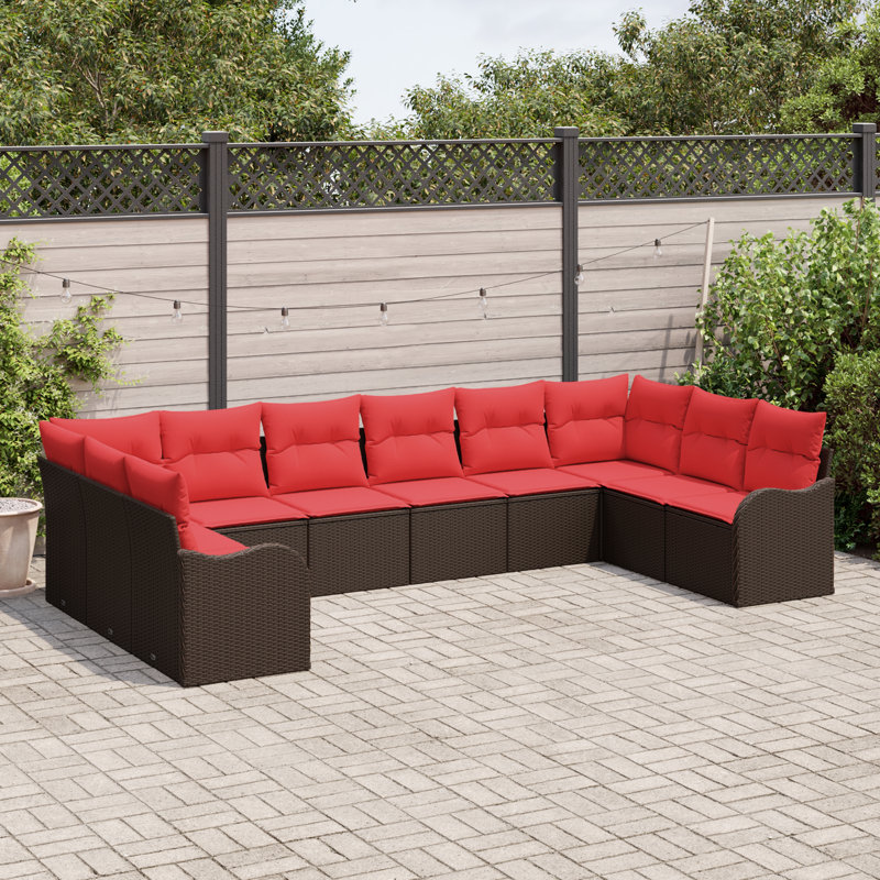 Ensemble de canapé vidaXL avec coussin 10 pièces en polyester brun, Structure brune / coussin rouge