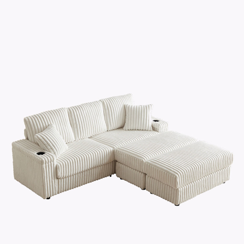 Corduroy 3-Seater Sofa With 3 Back Pillows, 2 Toss Pillows , A Ottoman, 2 Storage Spaces And Cup-Holding Grooves