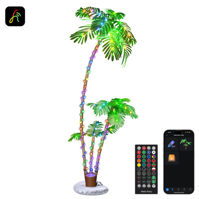 Faux arbre de palmier éclairé intelligent 7 pi - App et télécommande RVB avec synchro de musique, 3 troncs de bricolage, changement de couleur, palmier artificiel, minuterie à intensité variable pré-éclairée pour patio extérieur