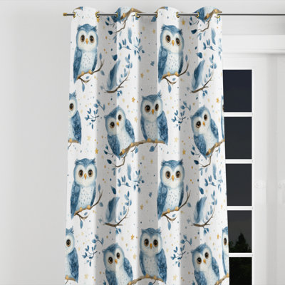 Kids Animals Blackout Curtains - Nocturnal Pastel Owls Velvet Grommet Curtain - 1 Panel