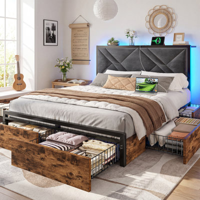 Bed Frame With 6 Storage Drawers, Soft Headboard, Charging Station, And Led Light