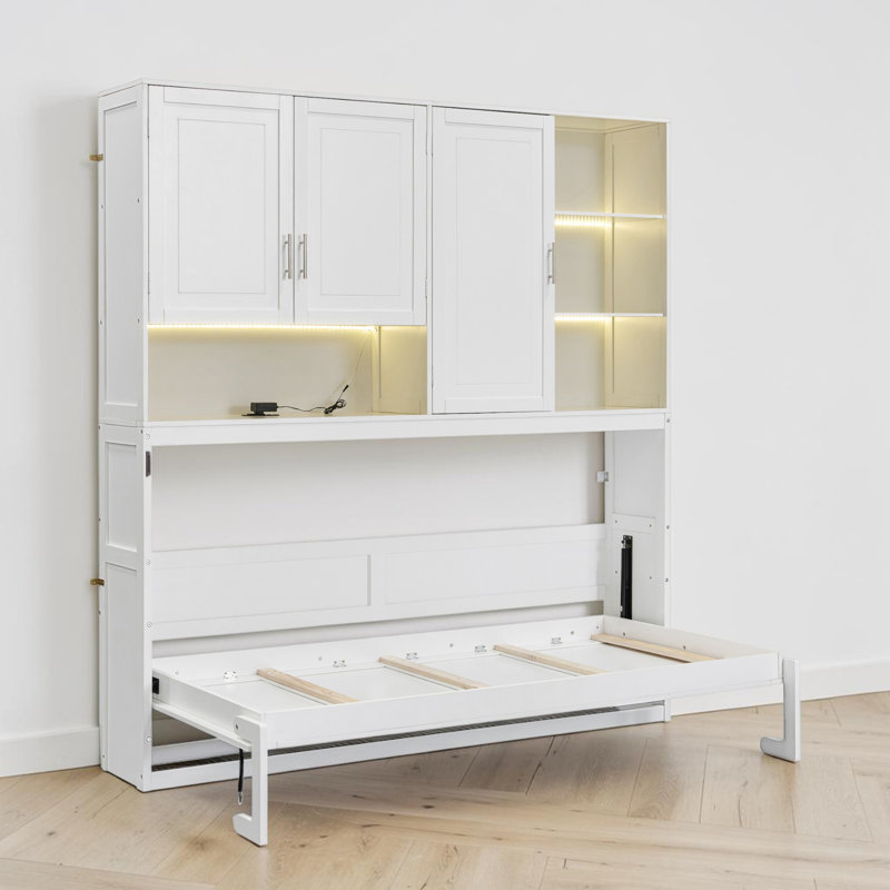 Lit escamotable simple avec bibliothèque de rangement et tablettes, lumière DEL et stations de charge, Blanc