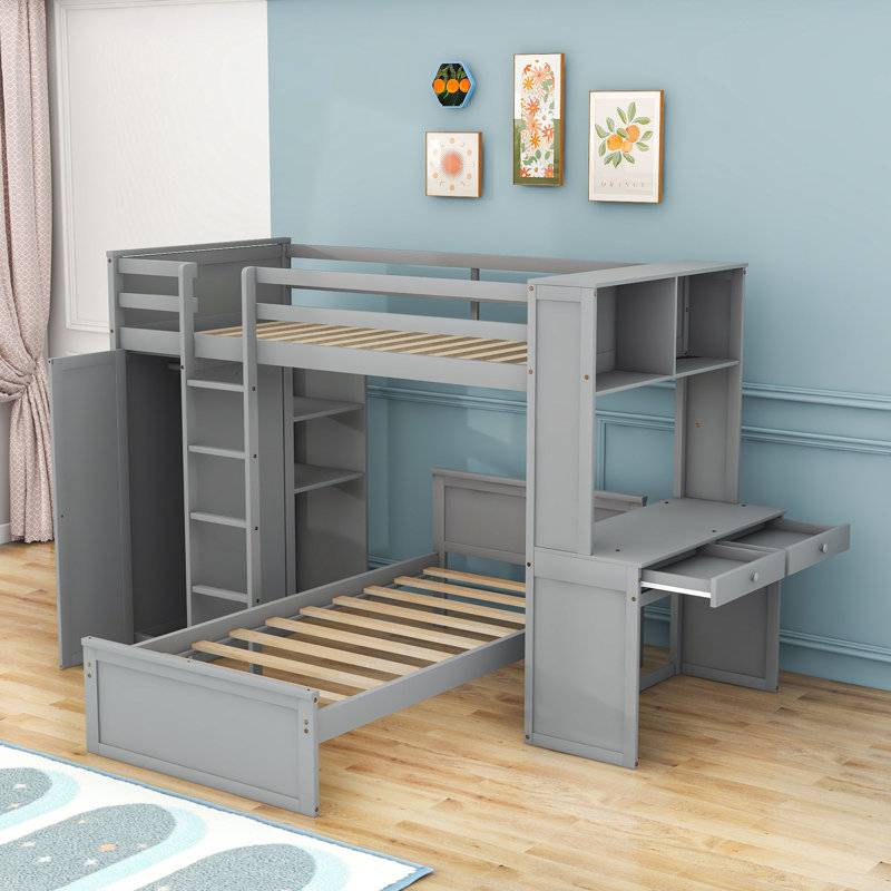 Lit superposé simple en bois 2 tiroirs avec bureau intégré et tablettes Curt Kids, gris