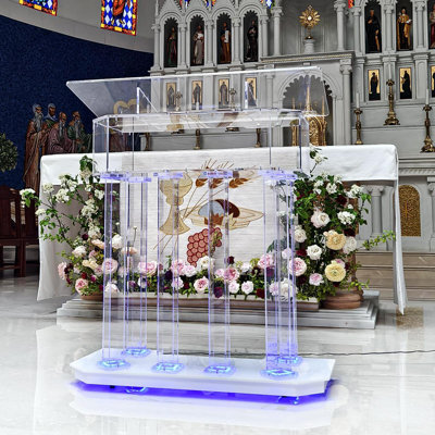 Podium en acrylique transparent de 46 po avec éclairage à DEL et roues réglables - Pupitre d'église polyvalent et lutrin pour salles de classe et événements, avec plateforme de lecture ergonomique (L 40 po x l 15,8 po x H 43 po)