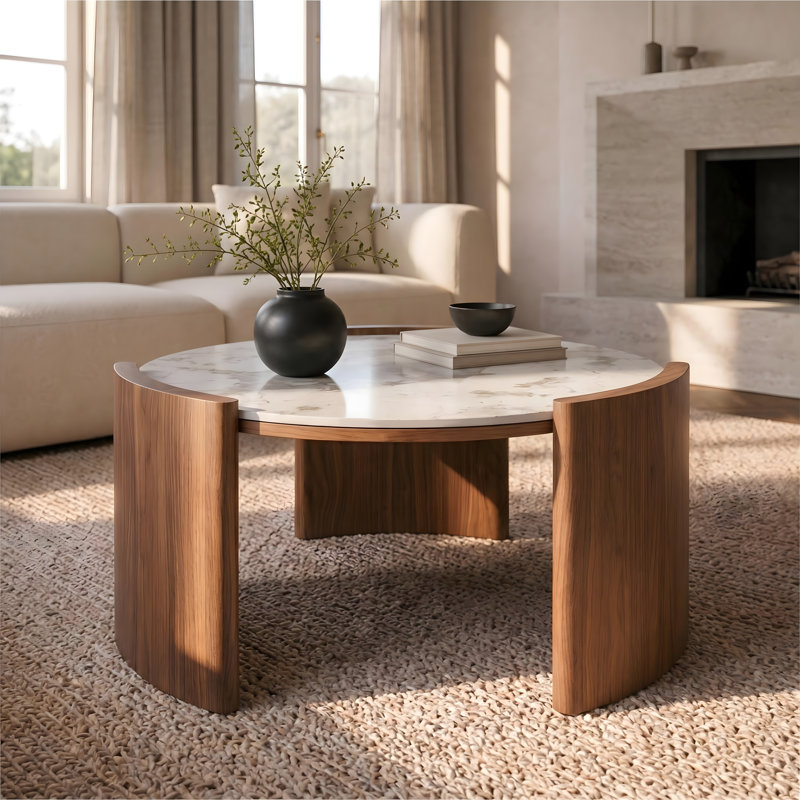 Table basse luxueuse ronde en pierre frittée, table centrale 31,5 pouces au look de marbre Pandora avec pieds en dalle de noyer épais, table de cocktail circulaire élégante pour salon italien moderne