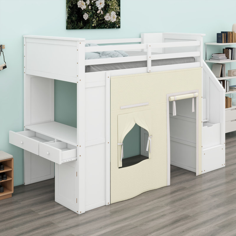 Loft Bed with Desk, Drawers, Storage Staircase, and Privacy Curtain