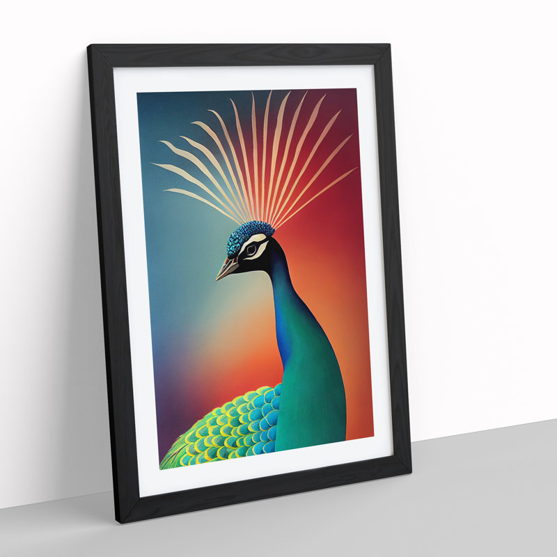 Bold Peacock Art No.3 - Wall Art, Black Framed, 66cm H x 48cm W x 2cm D, White