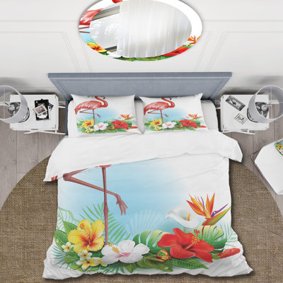 Arrangement avec fleurs tropicales et flamant rose - ensemble de housse de couette traditionnel - microfibre de polyester