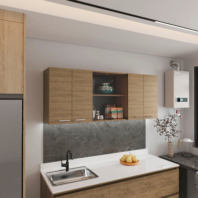 Wall Cabinet, Four Doors, With Two Internal Shelves, Two Storage Shelves With Two Glass Doors