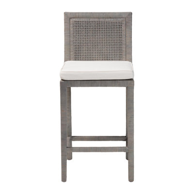 Bali & Pari Sofia Rattan Counter Stool With Mahogany Wood Frame - Handwoven Wicker Counter Height Chair With Cushion, Coastal Boho Style Kitchen Island Seating, French Grey