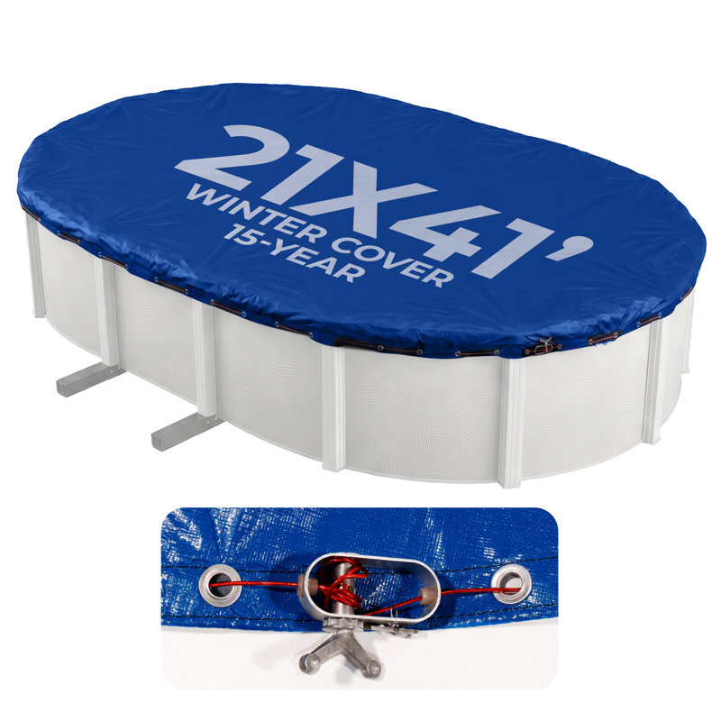 Couverture hivernale ovale pour piscine hors-terre 21 x 41 pieds Blue Wave, armure robuste en polyéthylène stratifié 14 x 14, chevauchement de 4 pieds, œillets en métal, câble et treuil, garantie limitée de 15 ans