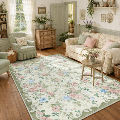 Vintage Rose Floral Washable Area Rug with Non-Slip Backing for Living Room, Bedroom & Dining Room