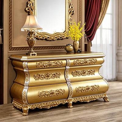 75"Luxury Curved Dresser with Gold‑Silver Carvings