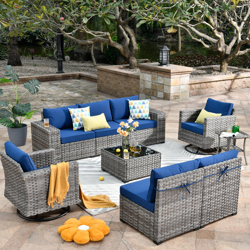 7 - Person Patio Conversation Set with Cushions, Navy Blue