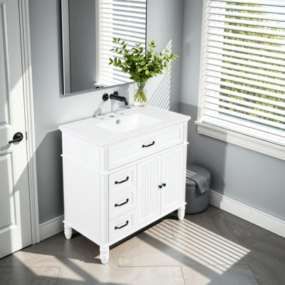 Meuble-lavabo 36 po avec lavabo, armoire de salle de bain avec tiroirs, structure solide et panneau de fibres à densité moyenne, un paquet, blanc