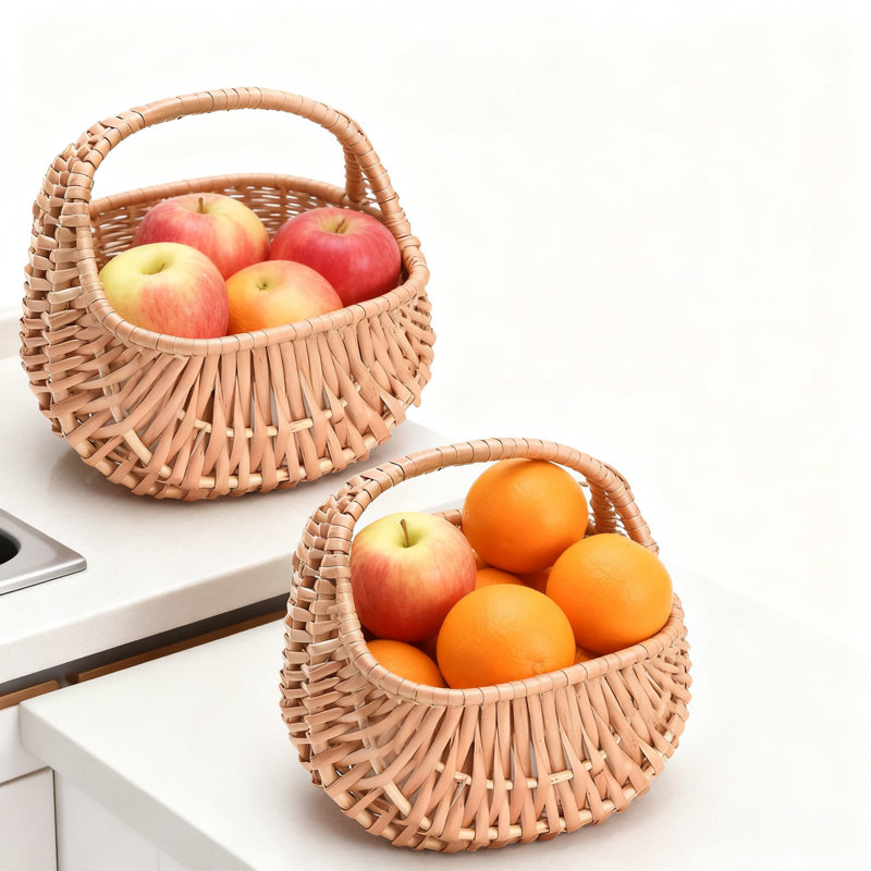Hand-Woven Half-Moon Rattan Basket With Handle And Plastic Liner, Retro Storage Container For Home Decor And Organization