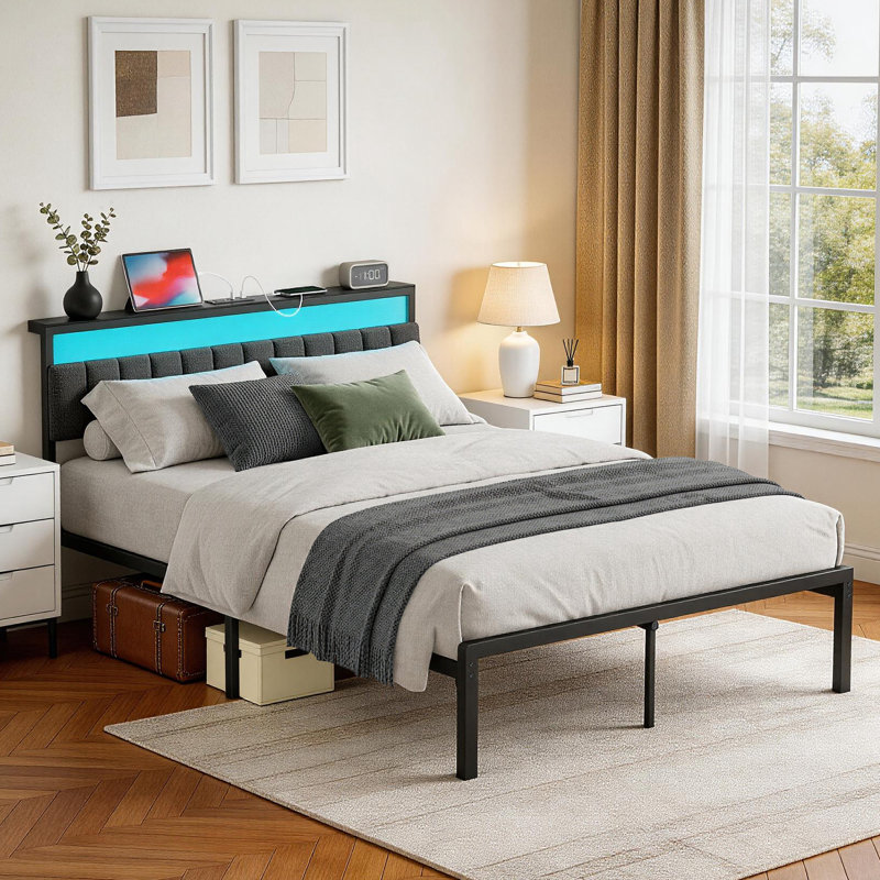 Full Bed Frames with Charging Station, LED Lights, Upholstered Headboard , Metal Platform Bed Frame with Slats, Noise-Free, Black