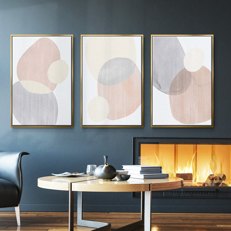 Pastel Shifting Spheres I, ensemble de 3 toiles encadrées sur toile, Or, H 36 po x l 72 po