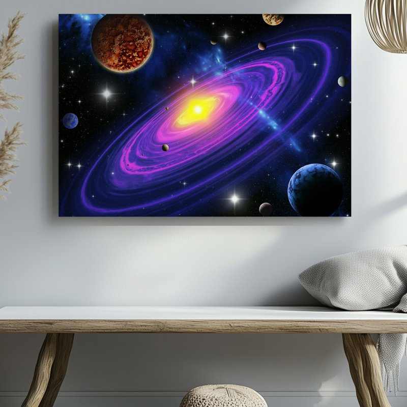 Toile, "Une scène cosmique à couper le souffle" centrée autour d'une galaxie vibrante avec un noyau jaune rayonnant qui projette une lueur chaleureuse, art mural