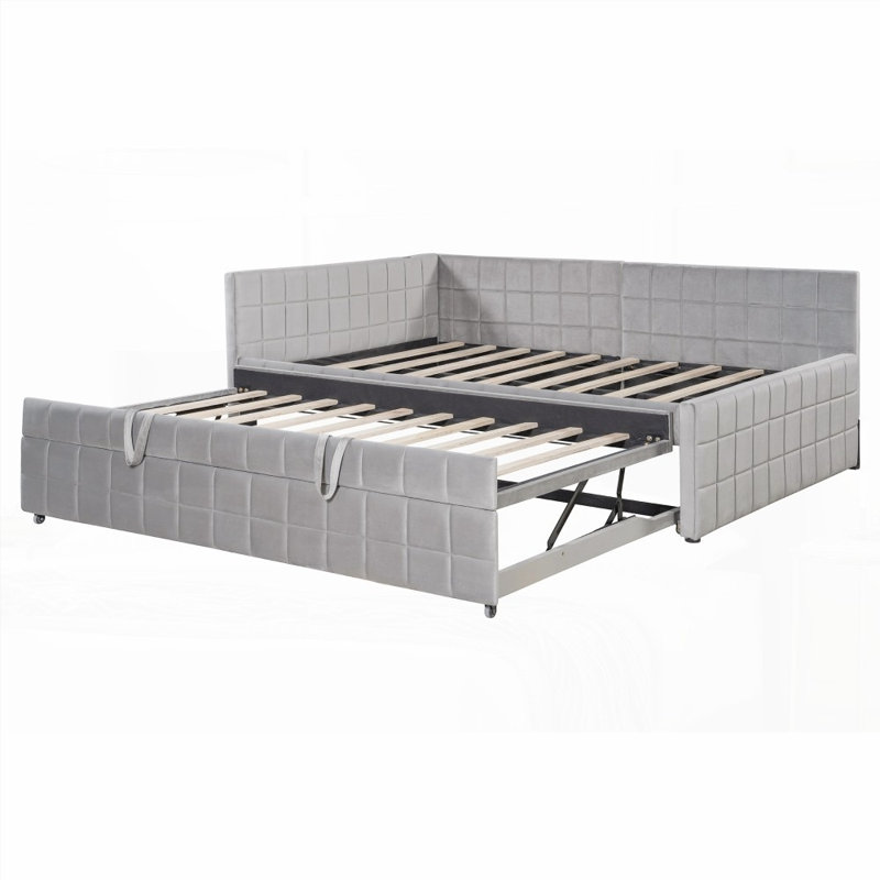Full Size Upholstered L-Shaped Daybed with Twin Size Pop Up Trundle &amp; USB Ports - No Box Spring Needed, Durable Construction