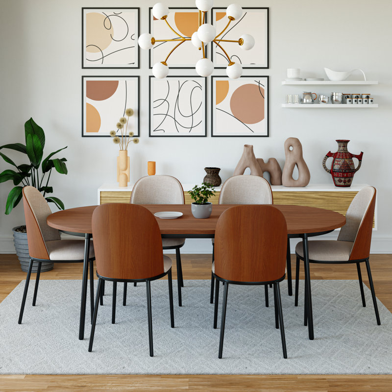 Kelce 6 Person 71" Oval Dining Table Set with Modern Upholstered Chairs, Walnut, Walnut/Beige