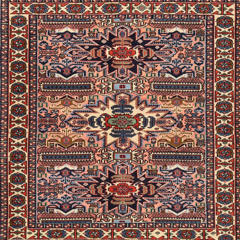 Tapis oriental rouge / bleu / beige, Carré 7 pi