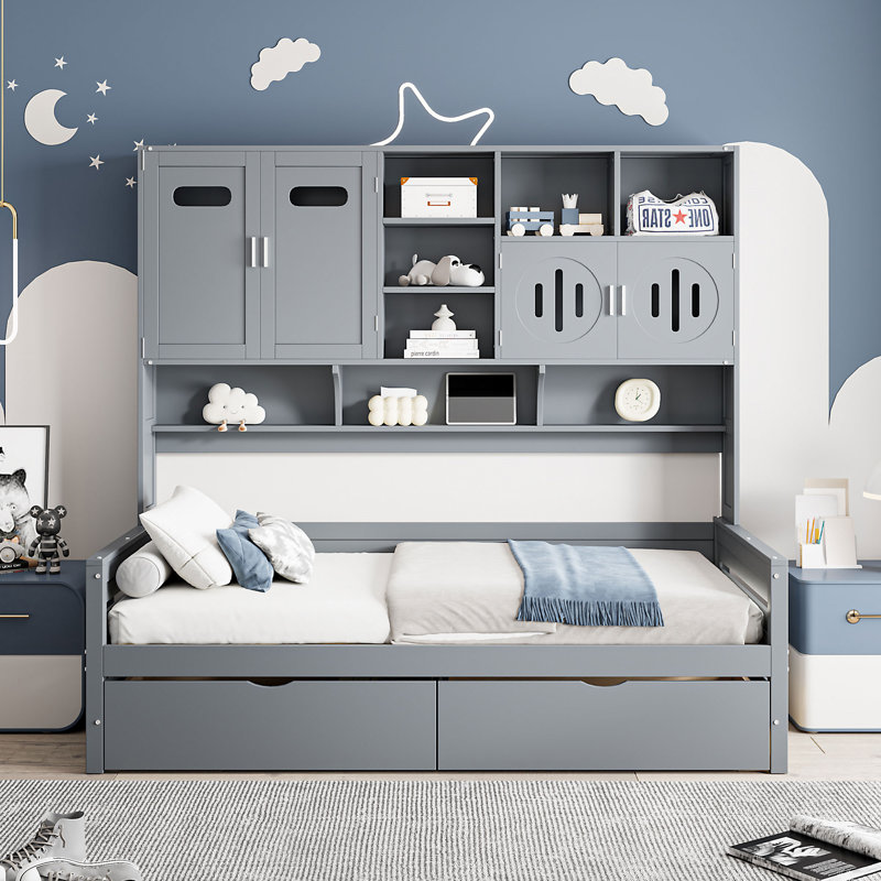 Lit de jour en bois avec 2 tiroirs, Gris, Lit simple