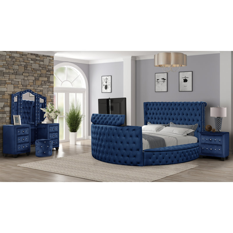 Ensemble de chambre à coucher 4 pièces Kazden, Bleu marine, Grand