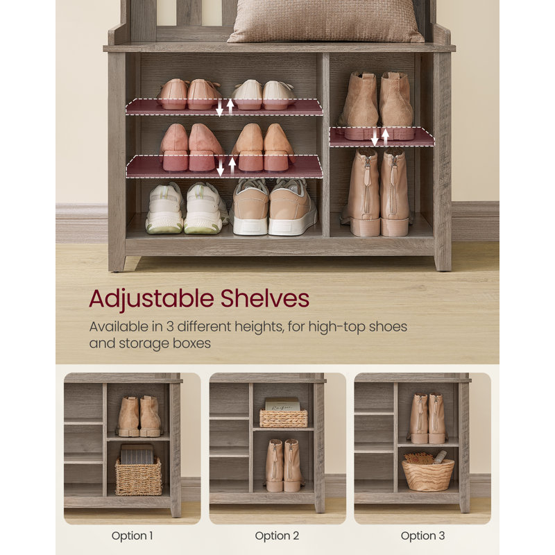 Hall Tree With Bench And Shoe Storage, 7 Double Hooks, Heather Greige
