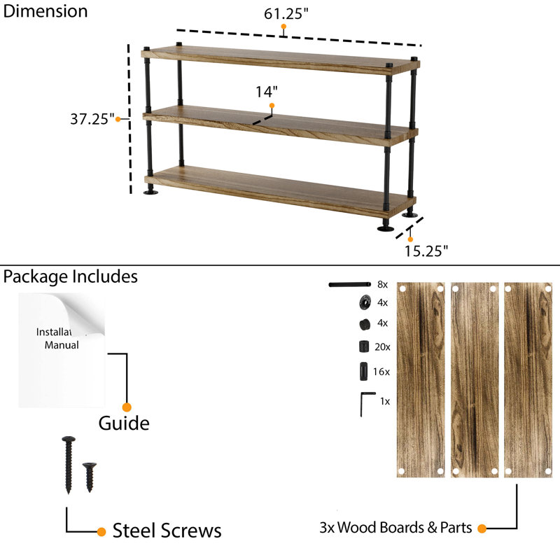 60" X 14" Hanging Pipe Bracket Bookcase, Bookshelf For Living Room, Farmhouse & Boho Decor, 1.5" Ultra Thick Real Wood Boards, 3 Tier, Burnt