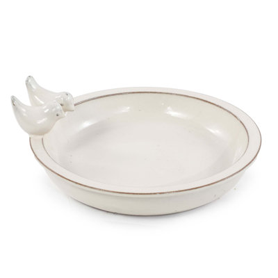 Bain d'oiseaux en céramique fait à la main, bol de bain pour oiseaux blanc crème 11,8 pouces avec ornements d'oiseaux rétro, bain d'oiseaux de jardin pour la cour, patio, décoration de cour, fonctionne également comme abreuvoir d'oiseaux sauvages