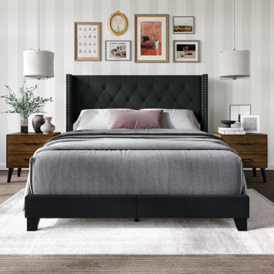 Castle Place Full Wingback Bed Set with Two Nightstands, Charcoal Grey Linen